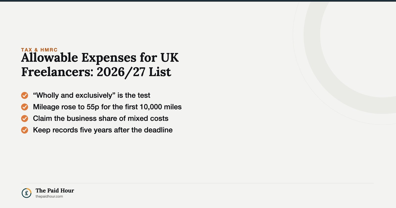 Allowable Expenses for UK Freelancers: 2026/27 List — the wholly-and-exclusively test, the 55p mileage rate, business shares of mixed costs, and five-year record keeping. | The Paid Hour