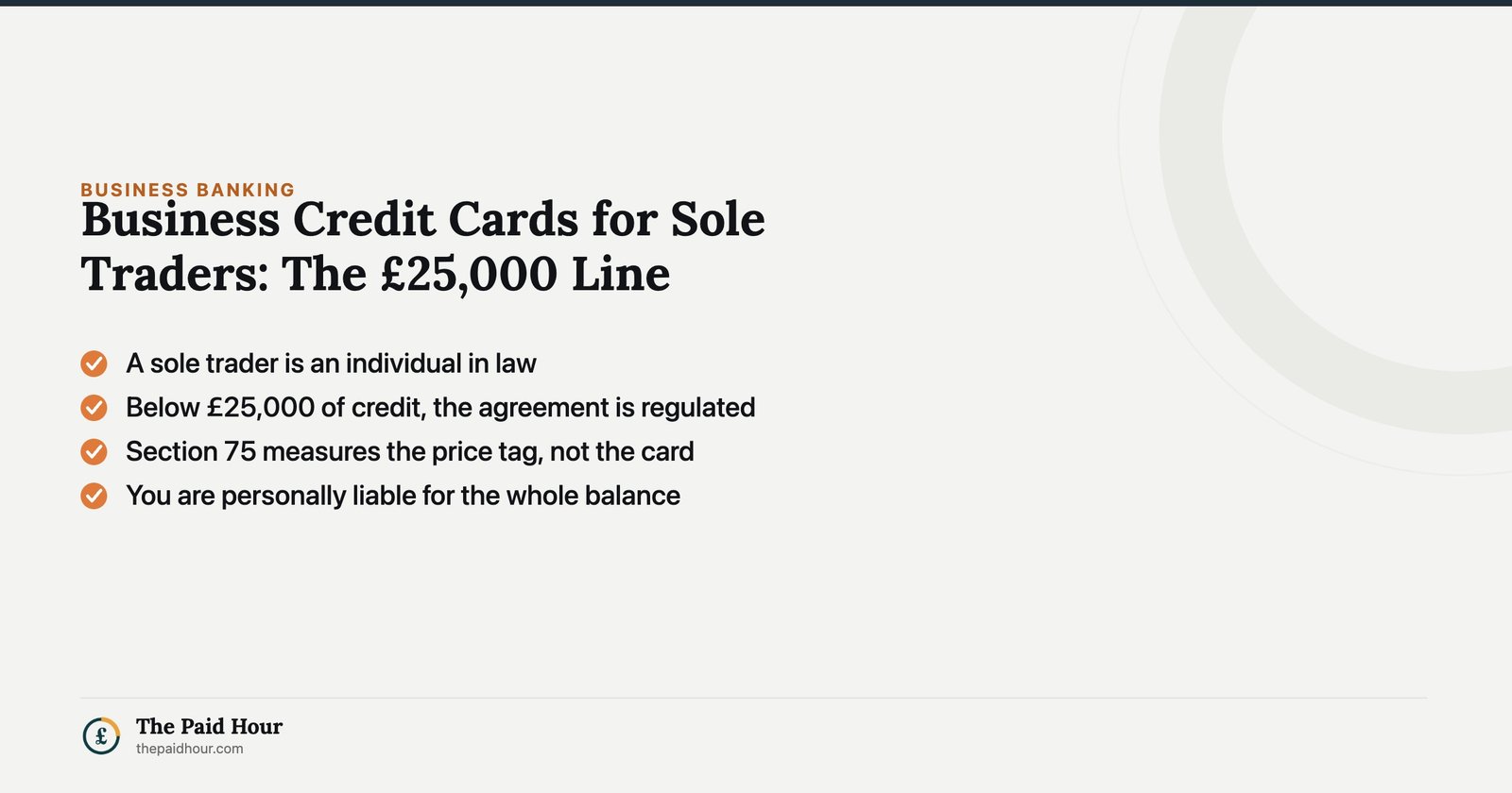 Business Credit Cards for Sole Traders: The £25,000 Line — a sole trader is an individual in law, below £25,000 of credit the agreement is regulated, Section 75 measures the price tag rather than the card, and you are personally liable for the whole balance | The Paid Hour