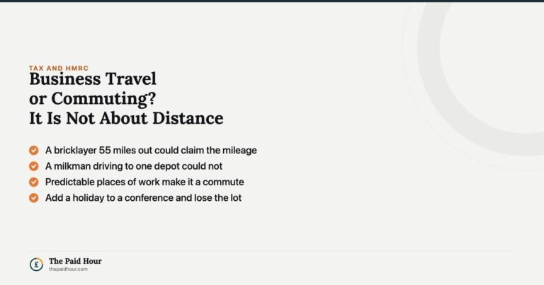 Business travel or commuting for the self-employed: it is not about distance. A bricklayer working 55 miles from home could claim the mileage while a milkman driving to one depot could not, because HMRC tests how predictable your places of work are.