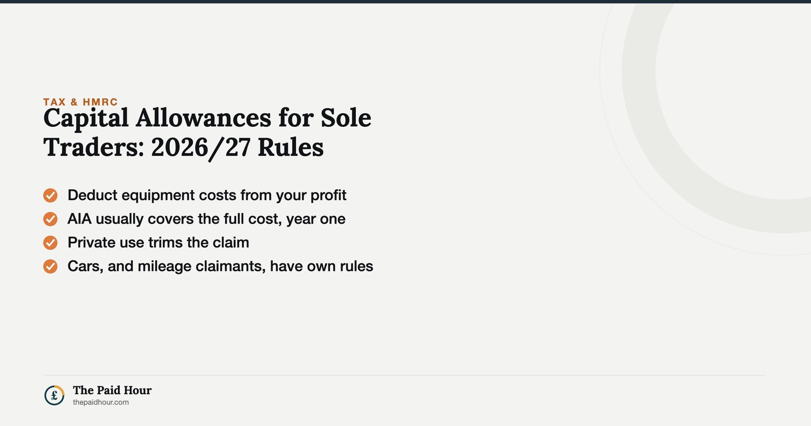 Capital Allowances for Sole Traders: 2026/27 Rules — deduct equipment through the Annual Investment Allowance in the year of purchase, with private use trimming the claim and cars under separate rules. | The Paid Hour
