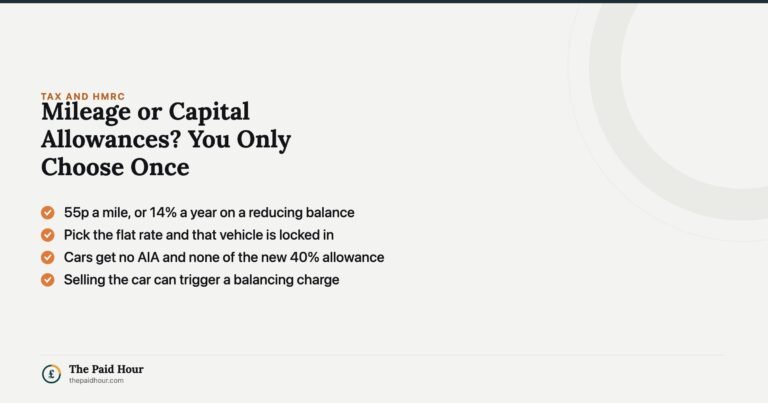 Mileage or capital allowances for a self-employed car: you only choose once. Flat rate mileage pays 55p a mile for the first 10,000 miles while capital allowances give 14 per cent a year on a reducing balance, and cars are excluded from the new 40 per cent first-year allowance.