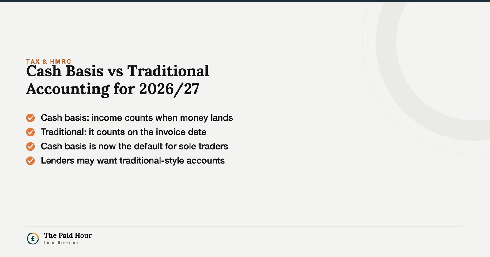 Cash Basis vs Traditional Accounting for 2026/27 — cash basis records income when money lands and is now the sole trader default; traditional accrues on invoice date and suits lender conversations. | The Paid Hour