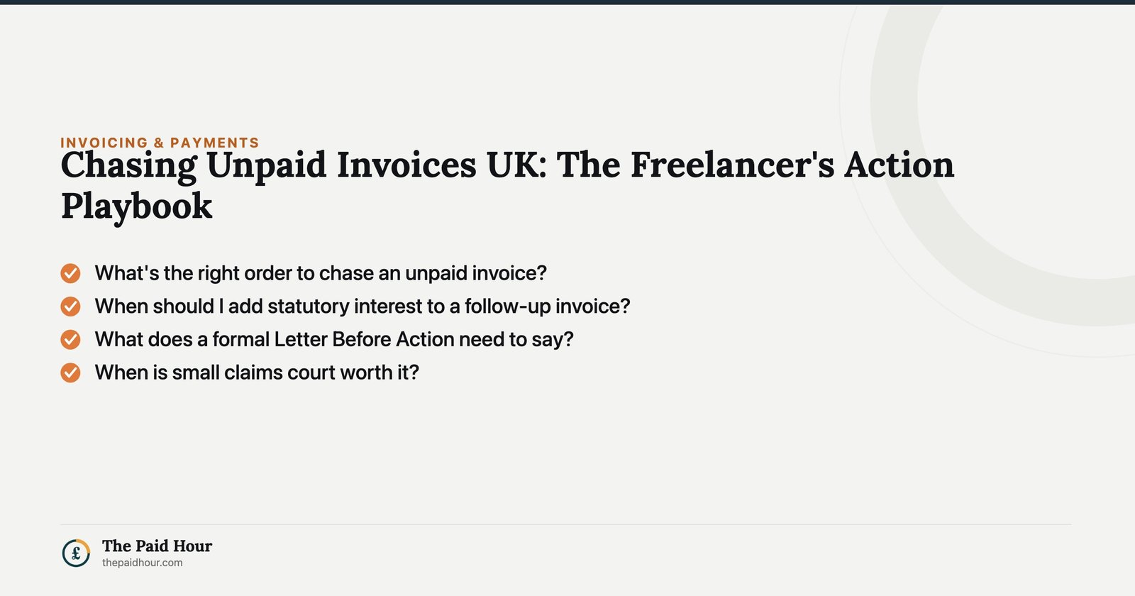Chasing Unpaid Invoices UK: The Freelancer's Action Playbook — What's the right order to chase an unpaid invoice?; When should I add statutory interest to a follow-up invoice?; What does a formal Letter Before Action need to say?; When is small claims court worth it? | The Paid Hour