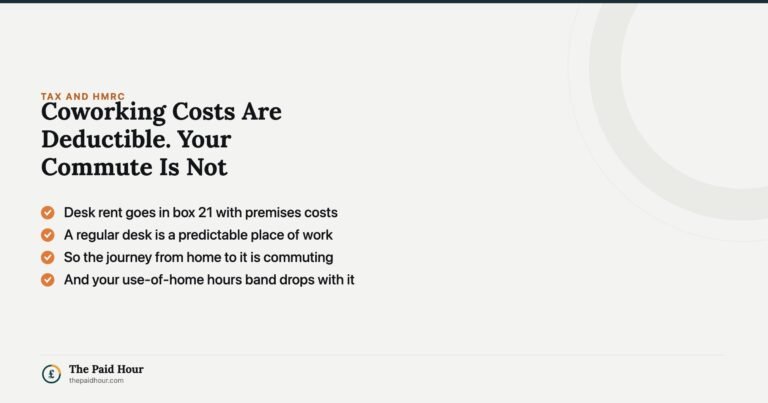 Coworking costs are deductible but your commute is not. Desk rent goes in box 21 with premises costs, but a regular desk is a predictable place of work, so the journey from home to it is commuting and your use-of-home hours band drops with it.