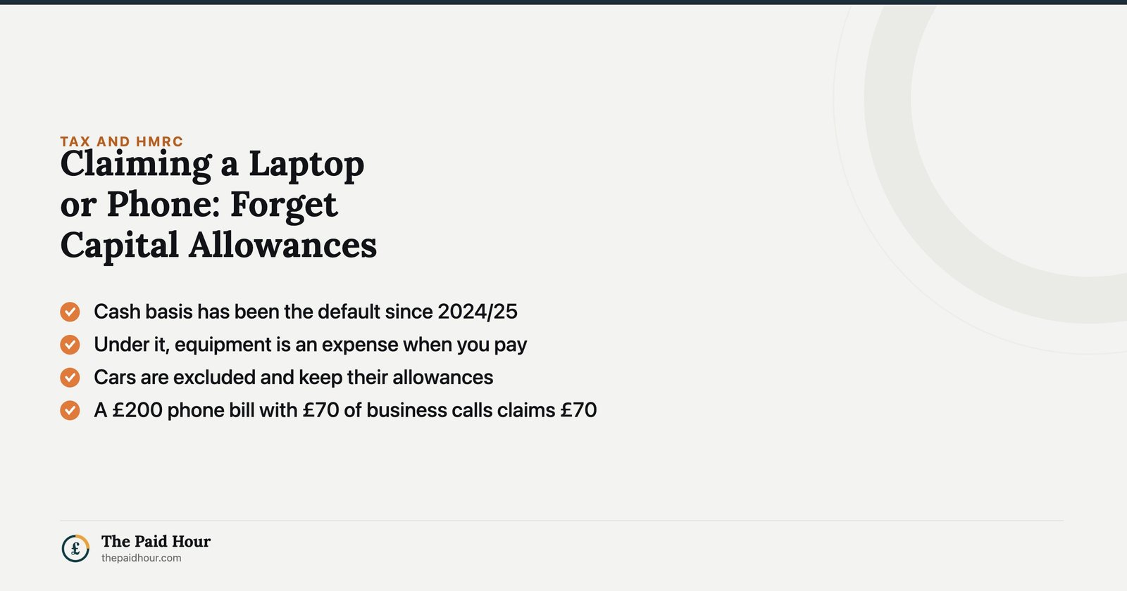 Claiming a laptop or phone when self-employed: forget capital allowances. The cash basis has been the default since 2024 to 2025 and under it equipment is simply an expense when you pay for it, with cars the exception.