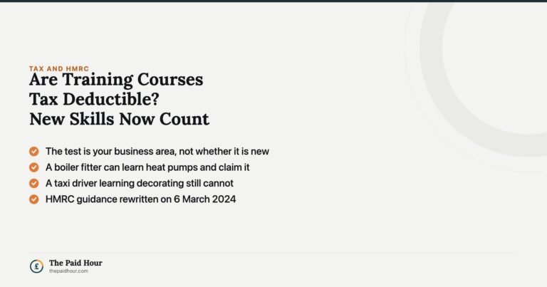 Are training courses tax deductible for the self-employed: new skills now count. The test is your business area rather than whether the skill is new, following HMRC guidance published on 6 March 2024.