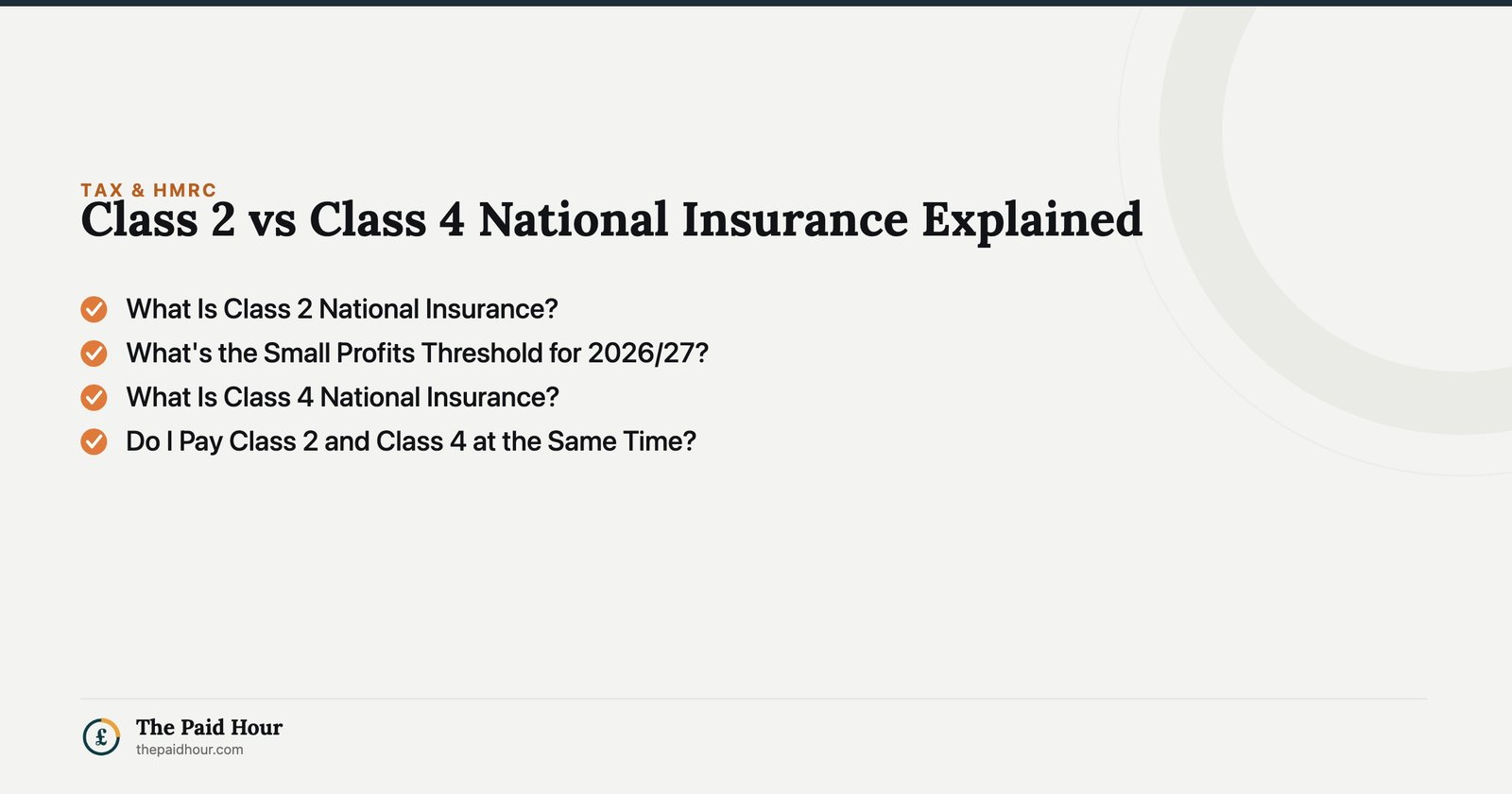Class 2 vs Class 4 National Insurance Explained — What Is Class 2 National Insurance?; What's the Small Profits Threshold for 2026/27?; What Is Class 4 National Insurance?; Do I Pay Class 2 and Class 4 at the Same Time? | The Paid Hour