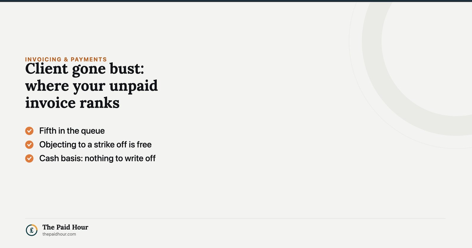 Featured card reading Client gone bust: where your unpaid invoice ranks, with three points — fifth in the queue, objecting to a strike off is free, and on the cash basis there is nothing to write off.
