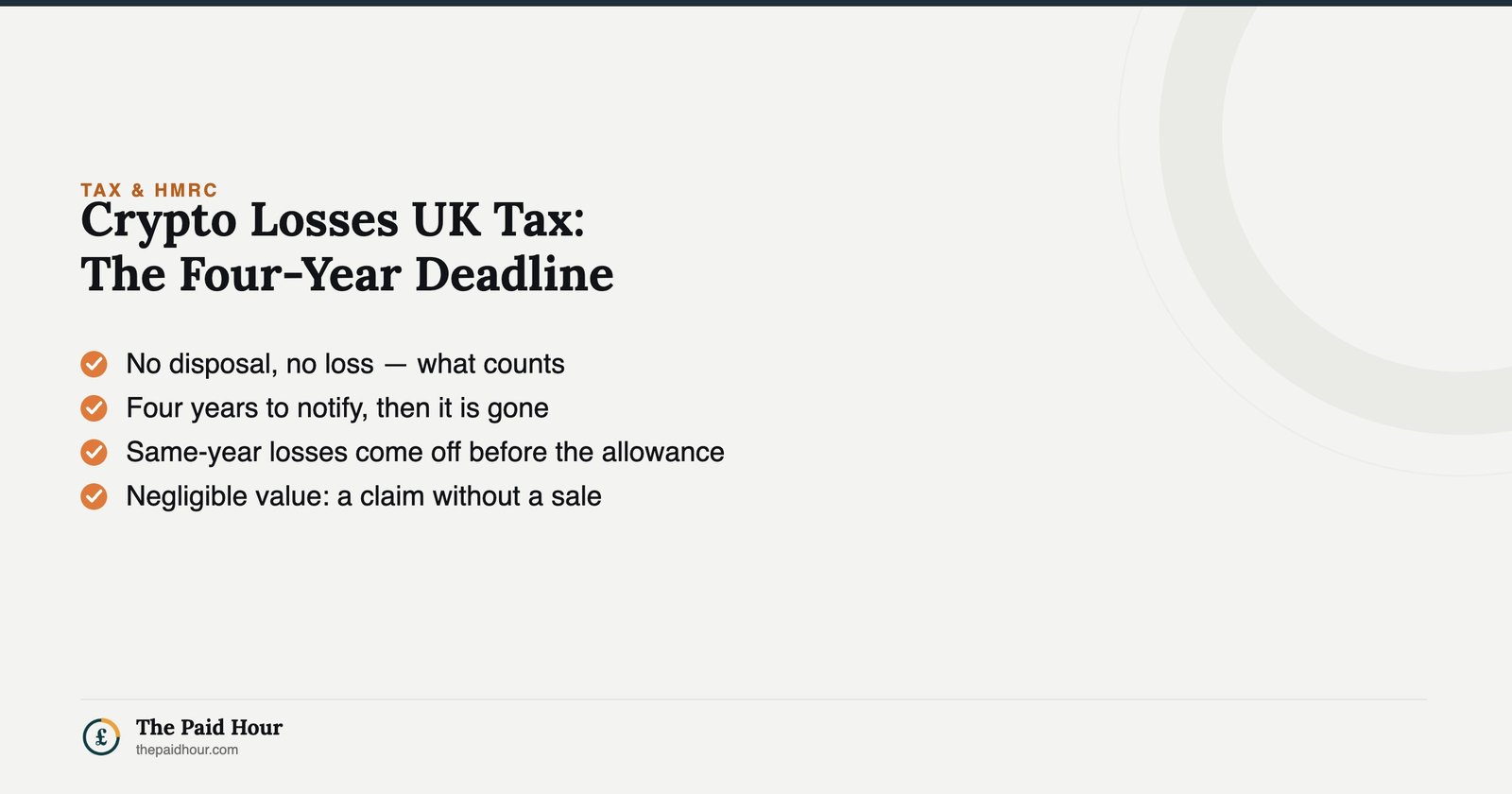 Crypto Losses UK Tax: The Four-Year Deadline — a crypto loss must be notified to HMRC within four years of the tax year of disposal | The Paid Hour