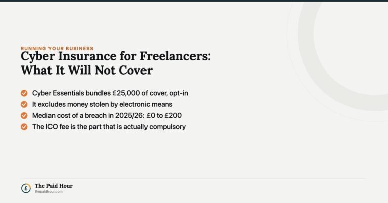 Cyber Insurance for Freelancers: What It Will Not Cover — Cyber Essentials bundles £25,000 of cover on an opt-in basis, it excludes money stolen by electronic means, the median cost of a breach in 2025/26 was £0 to £200, and the ICO data protection fee is the part that is actually compulsory | The Paid Hour