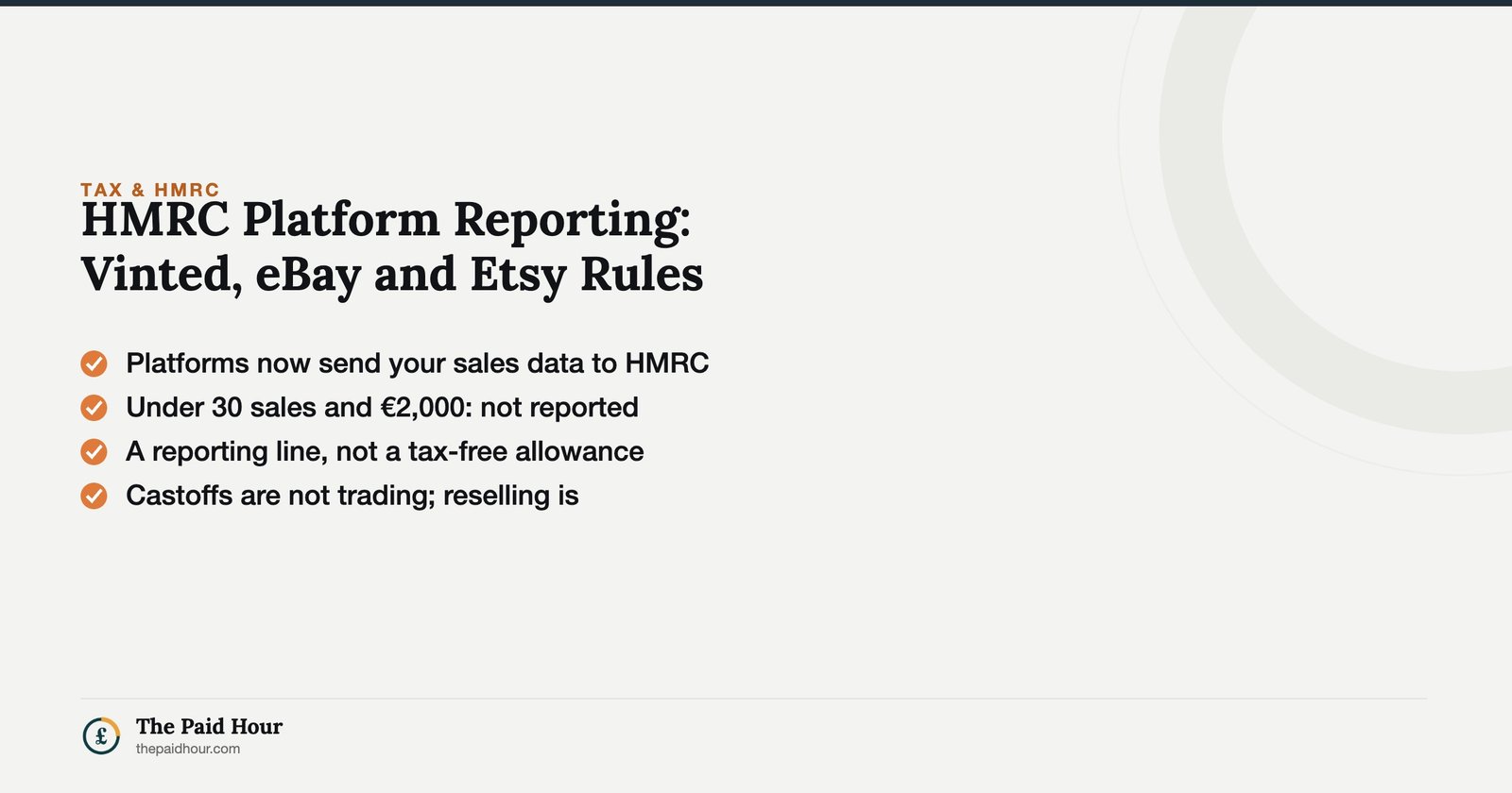 HMRC Platform Reporting: Vinted, eBay and Etsy Rules — platforms report sellers over 30 sales or €2,000; that is a reporting threshold, not a tax line. | The Paid Hour
