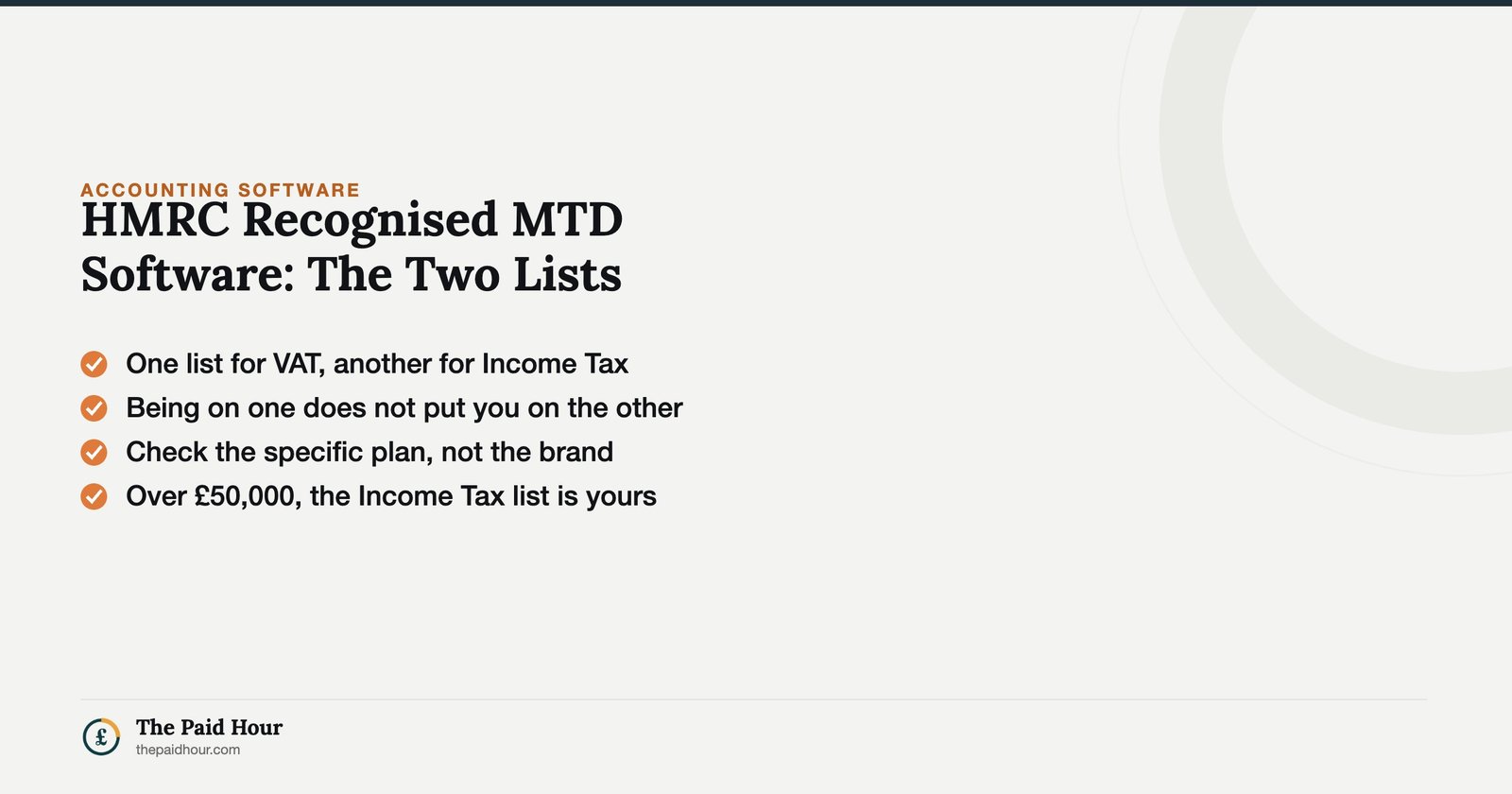 HMRC Recognised MTD Software: The Two Lists — HMRC keeps separate software lists for MTD for VAT and MTD for Income Tax; check the plan, not just the brand. | The Paid Hour