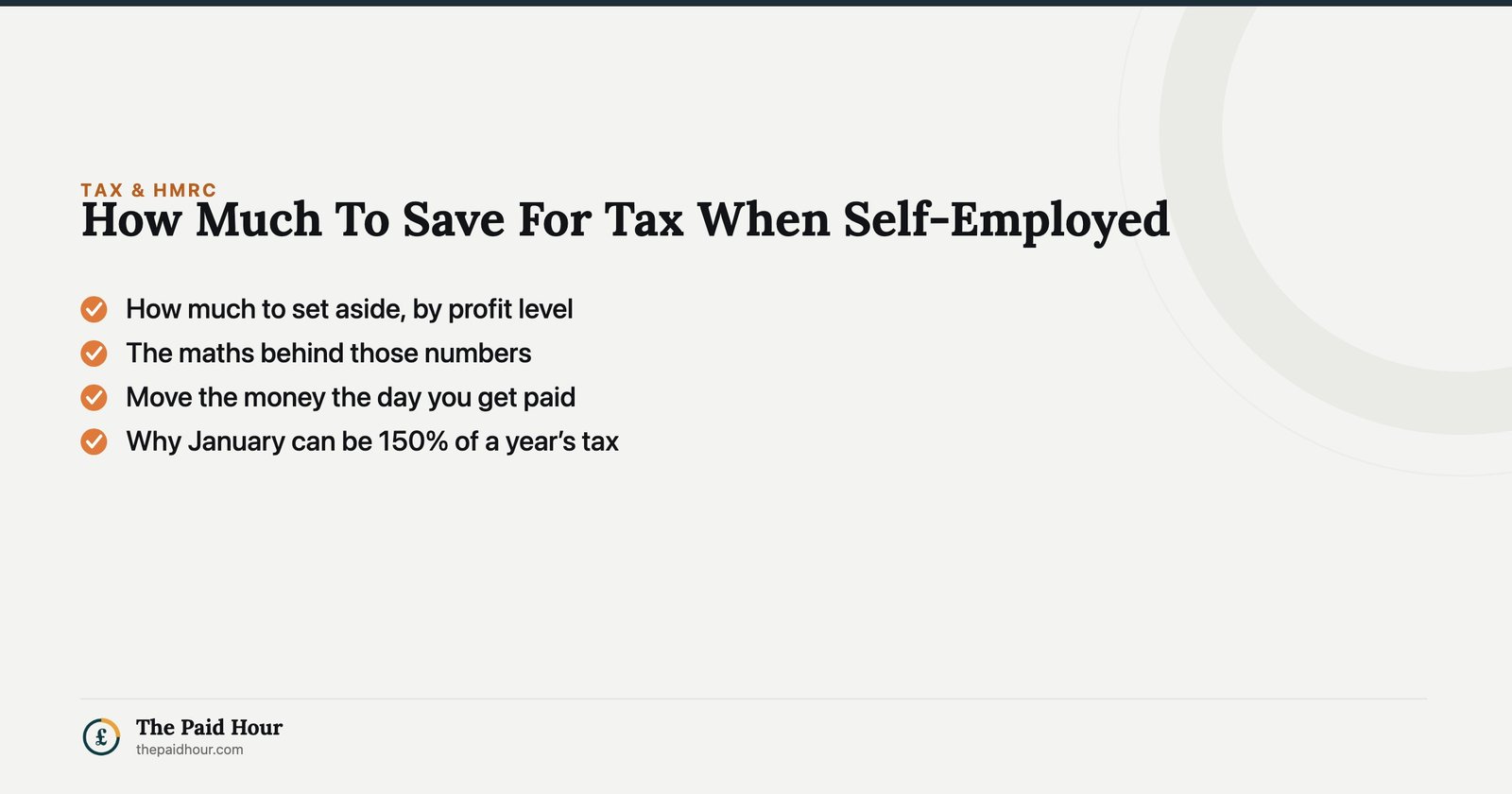 How Much To Save For Tax When Self-Employed — How much to set aside, by profit level; The maths behind those numbers; Move the money the day you get paid; Why January can be 150% of a year’s tax | The Paid Hour