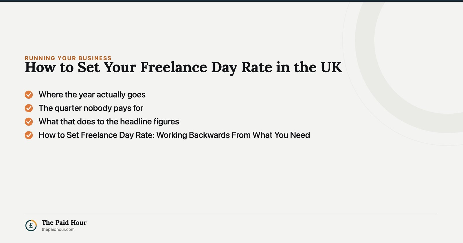 How to Set Your Freelance Day Rate in the UK — Where the year actually goes; The quarter nobody pays for; What that does to the headline figures; How to Set Freelance Day Rate: Working Backwards From What You Need | The Paid Hour