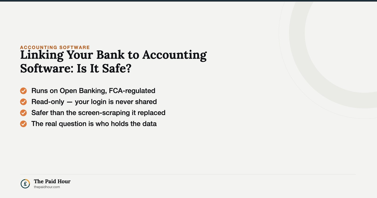 Linking Your Bank to Accounting Software: Is It Safe? — bank feeds run on FCA-regulated, read-only Open Banking; the real questions are data holding and retention. | The Paid Hour