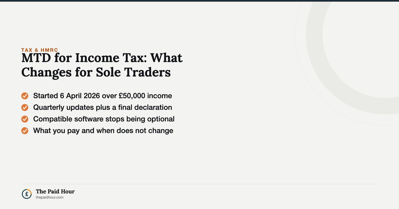 MTD for Income Tax: What Changes for Sole Traders — quarterly updates and compatible software from 6 April 2026 for qualifying income over £50,000; the tax itself and payment dates do not change. | The Paid Hour