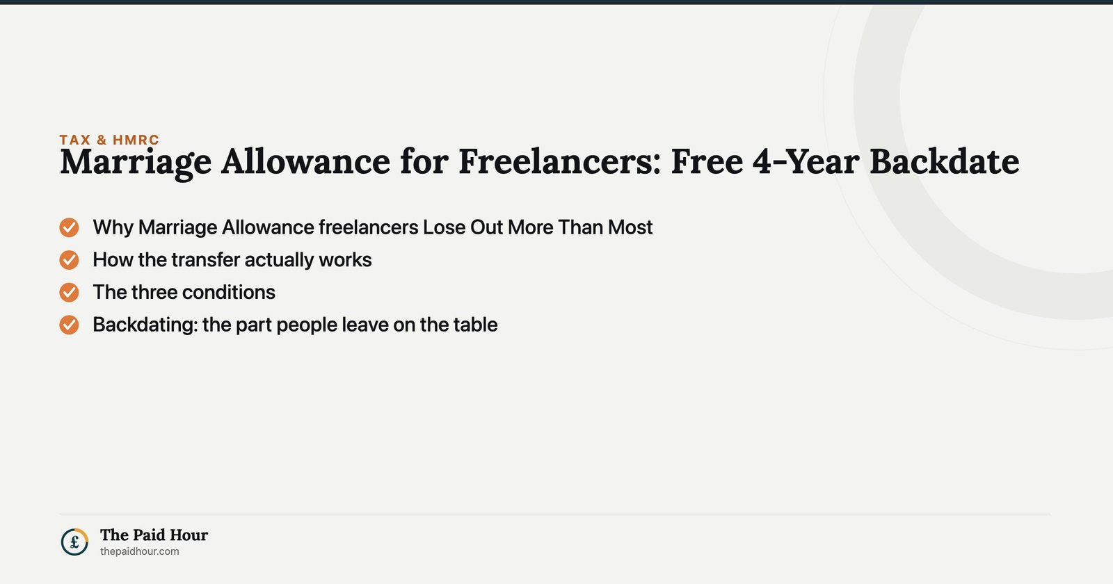 Marriage Allowance for Freelancers: Free 4-Year Backdate — Why Marriage Allowance freelancers Lose Out More Than Most; How the transfer actually works; The three conditions; Backdating: the part people leave on the table | The Paid Hour