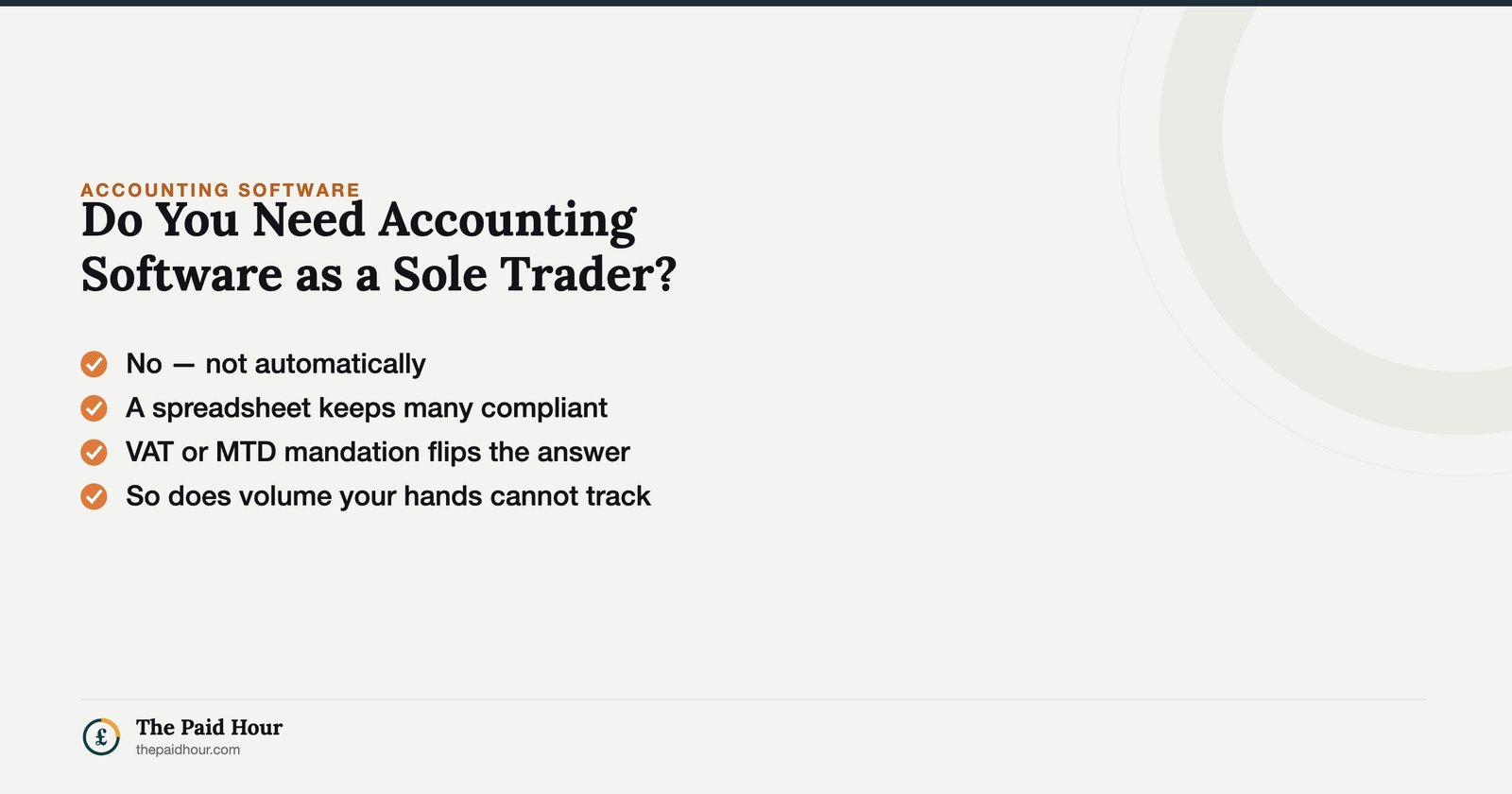 Do You Need Accounting Software as a Sole Trader? — not automatically: spreadsheets stay compliant until VAT registration, MTD mandation or transaction volume changes the answer. | The Paid Hour