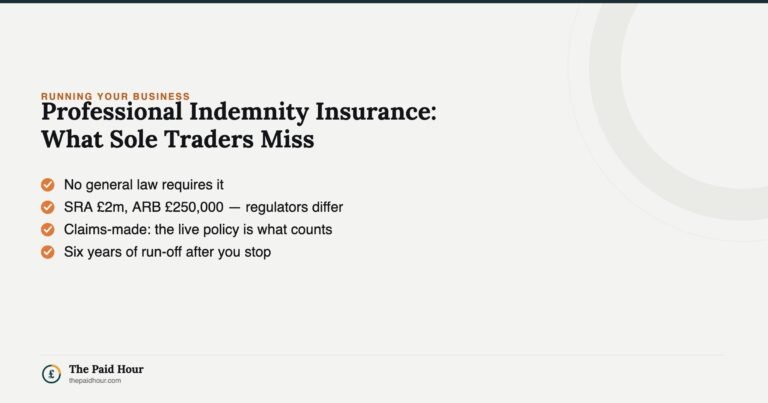 Professional Indemnity Insurance: What Sole Traders Miss — no general law requires it, the SRA sets £2 million and the ARB £250,000, and both require six years of run-off cover | The Paid Hour