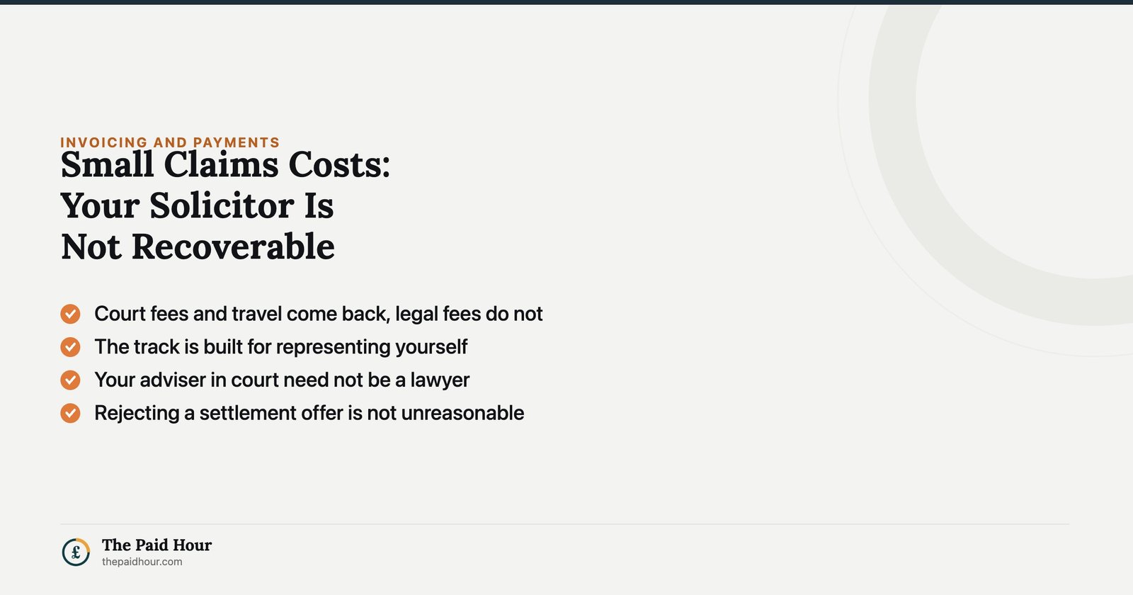 Small claims court costs: your solicitor is not recoverable. Court fees and travel come back under rule 27.14 while legal fees do not, the track is built for people representing themselves, and your adviser in court does not have to be a lawyer.