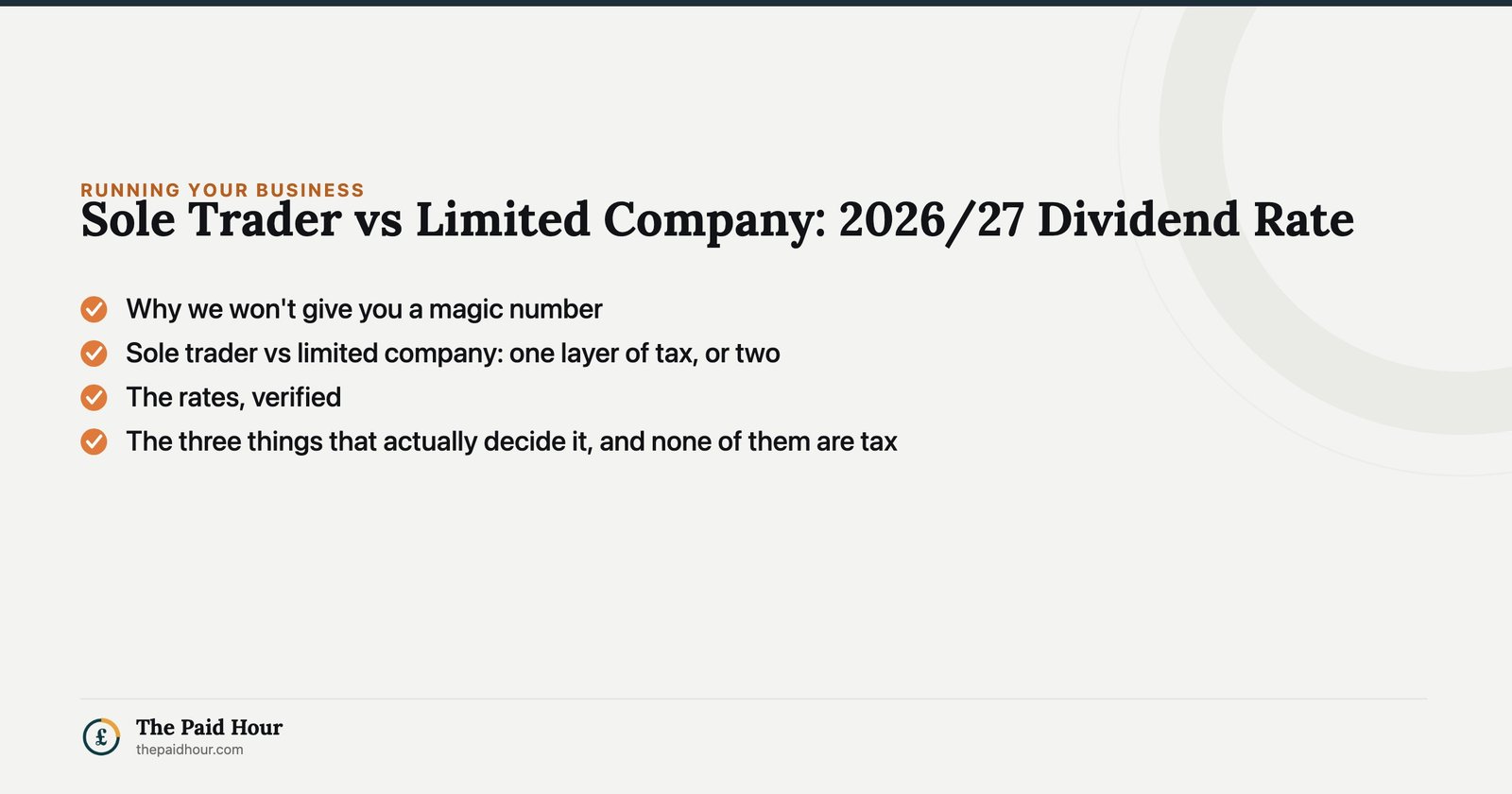 Sole Trader vs Limited Company: 2026/27 Dividend Rate — Why we won't give you a magic number; Sole trader vs limited company: one layer of tax, or two; The rates, verified; The three things that actually decide it, and none of them are tax | The Paid Hour