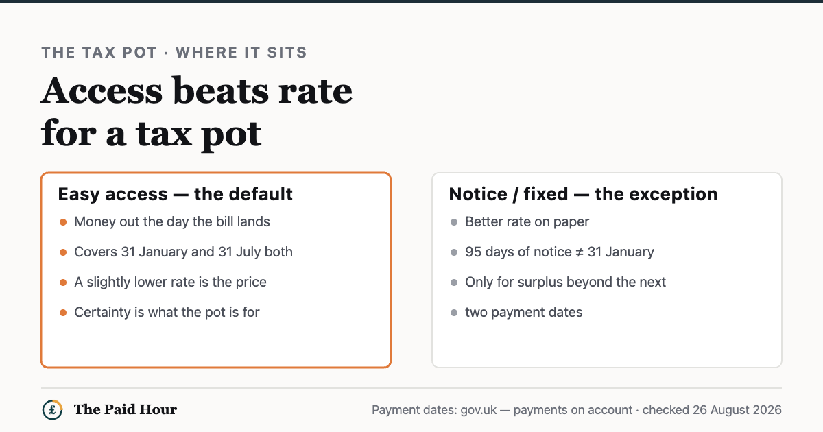 Comparison for a self-employed tax pot: easy access is the default — money out the day the bill lands, covering 31 January and 31 July — while notice and fixed accounts pay slightly more but suit only surplus beyond the next two payment dates. Checked 26 August 2026.