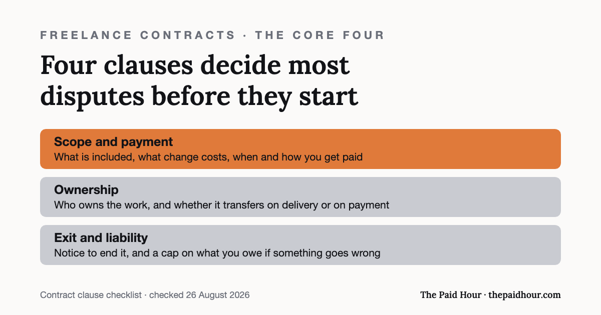 Graphic: the contract clauses that decide most freelance disputes — scope with a change price, payment terms, ownership of the work and when it transfers, notice to exit, and a liability cap. Checked 26 August 2026.