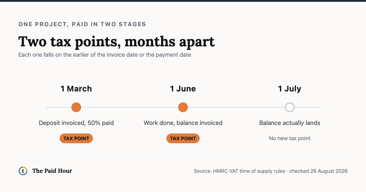 Timeline of a staged freelance job showing two VAT tax points: 1 March deposit invoiced and 50 per cent paid is a tax point, 1 June work done and balance invoiced is a second tax point, and 1 July when the balance lands creates no new tax point