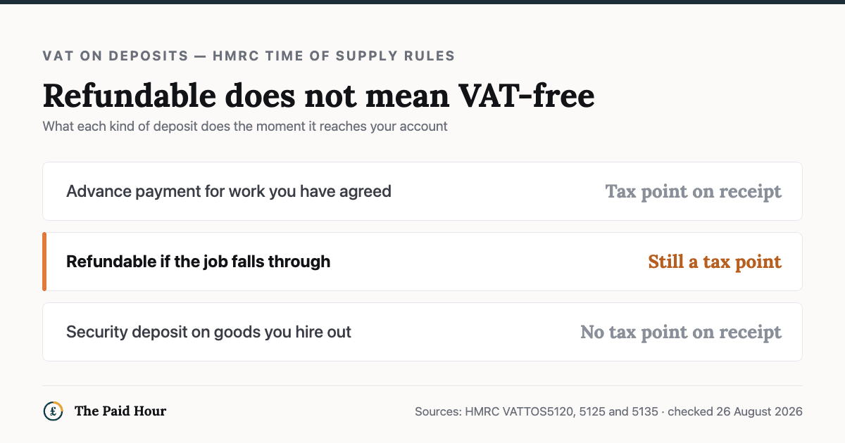 Three kinds of deposit and their VAT treatment, checked 26 August 2026: an advance payment for agreed work creates a tax point on receipt, a deposit refundable if the job falls through still creates a tax point, and a security deposit on goods you hire out creates no tax point on receipt