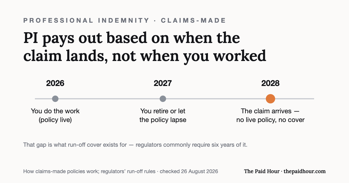 Professional indemnity vs public liability insurance UK: professional indemnity is claims-made — it pays based on when the claim arrives, not when the work was done. Work in 2026, lapse the policy in 2027, and a 2028 claim has no cover; run-off cover exists for that gap and regulators commonly require six years of it. Checked 26 August 2026.