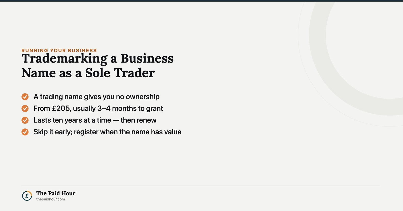 Trademarking a Business Name as a Sole Trader — a trading name gives you no ownership; registering costs from £205, takes around 3–4 months, lasts ten years at a time | The Paid Hour