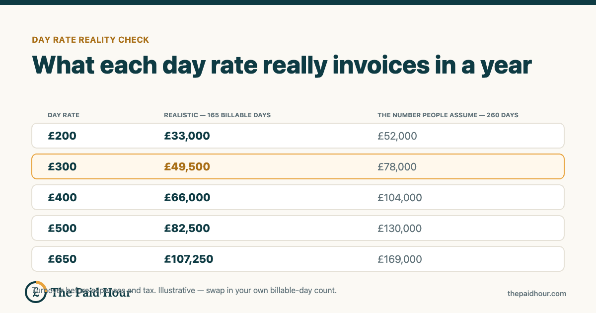 Day rates compared against realistic annual invoicing at 165 billable days