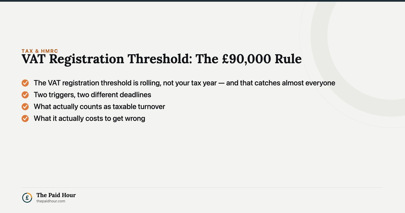 VAT Registration Threshold: The £90,000 Rule — The VAT registration threshold is rolling, not your tax year — and that catches almost everyone; Two triggers, two different deadlines; What actually counts as taxable turnover; What it actually costs to get wrong | The Paid Hour