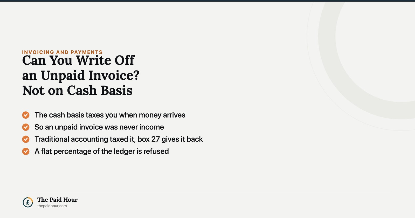 Can you write off an unpaid invoice: not on the cash basis. The cash basis taxes you when the money arrives so an unpaid invoice was never income, while traditional accounting taxed it when you invoiced and box 27 gives relief for irrecoverable debts written off.