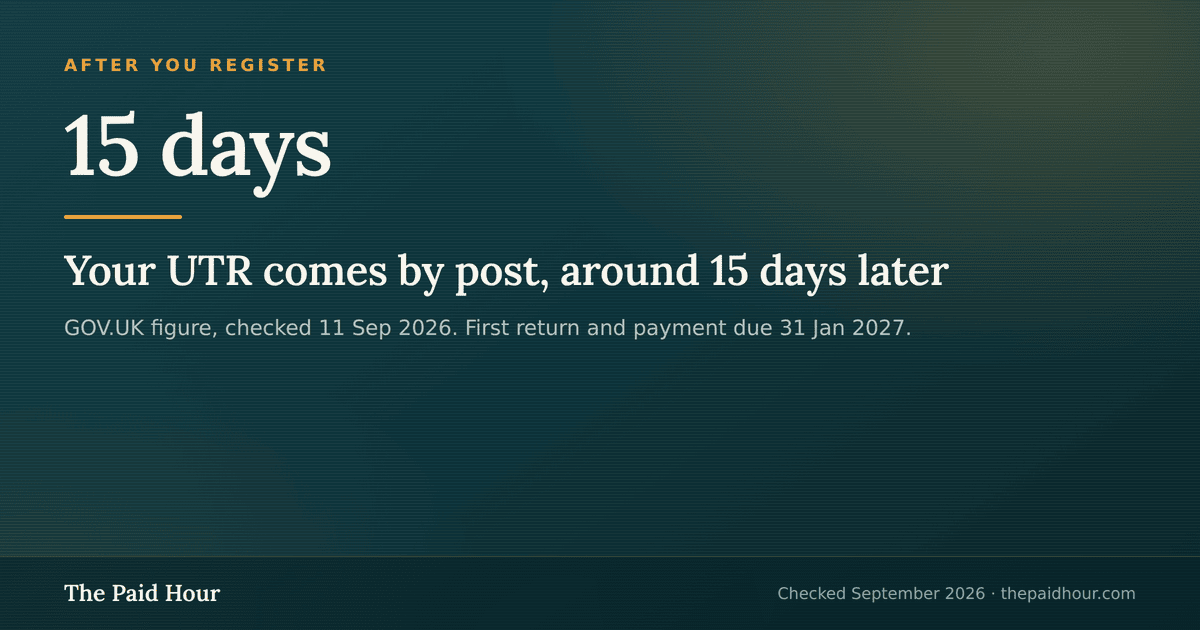 Your UTR comes by post, around 15 days later Checked September 2026.