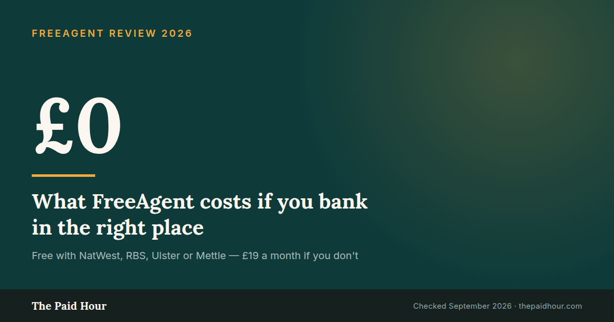 FreeAgent costs £0 a month for sole traders who bank with NatWest, RBS, Ulster or Mettle, and £19 a month for everyone else.