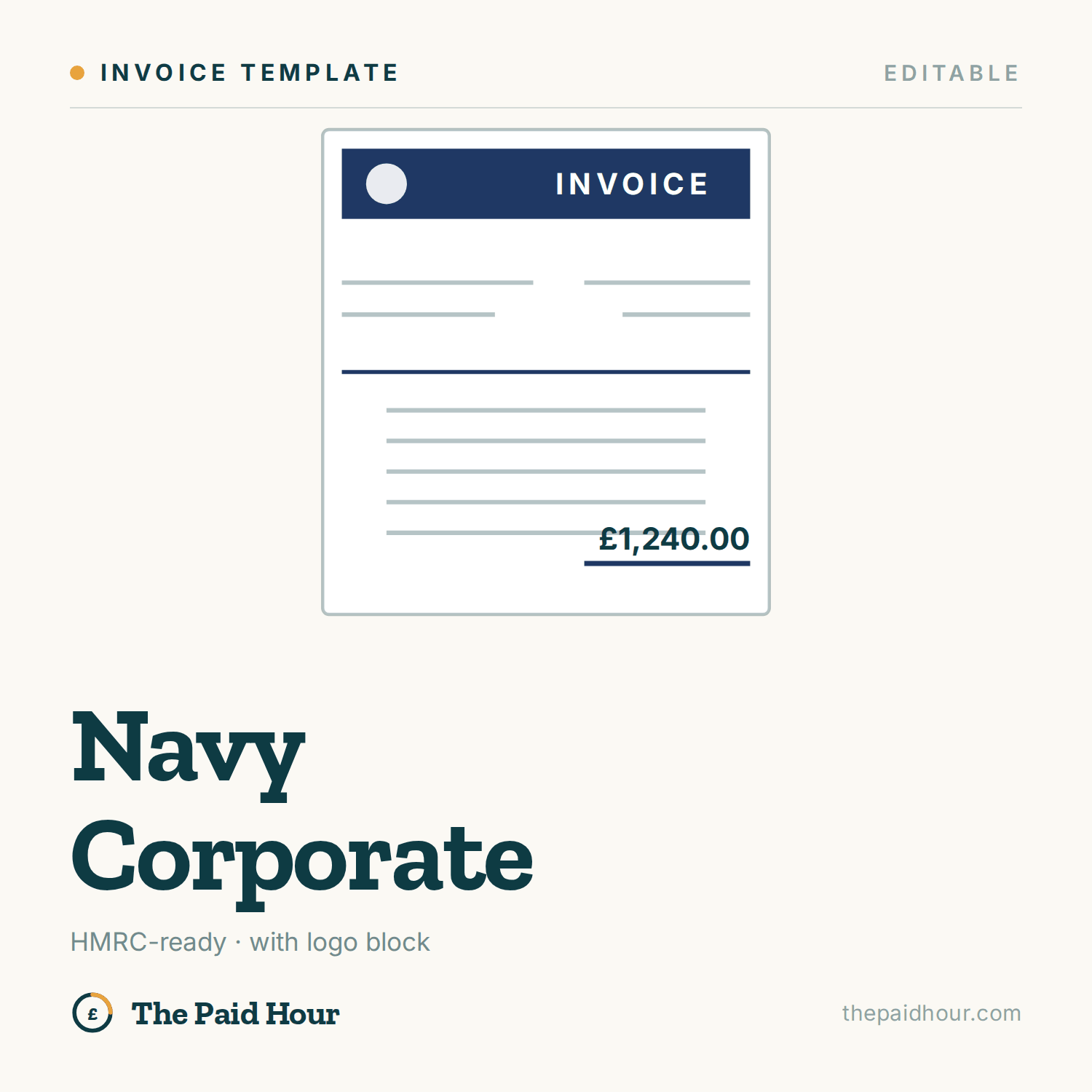Navy Corporate UK invoice template preview, The Paid Hour